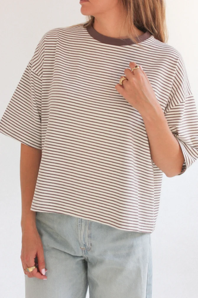 Boxy Brązowy T-shirt W Paski Premium - obrazek 7