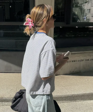 Boxy Niebieski T-shirt W Paski Premium