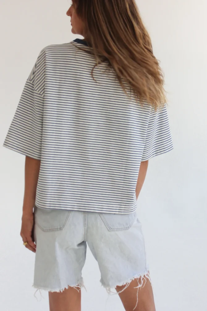 Boxy Niebieski T-shirt W Paski Premium - obrazek 7